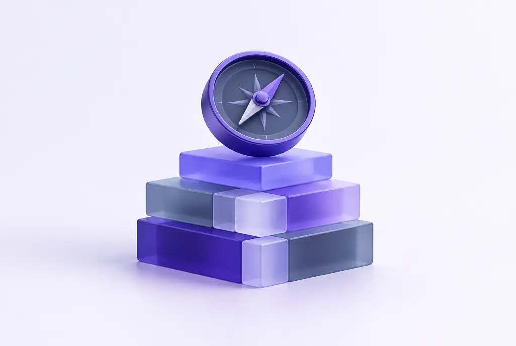 A sleek modular base of stacked translucent blocks supporting a polished violet compass on top, showing systems as the foundation beneath direction rather than the direction itself.