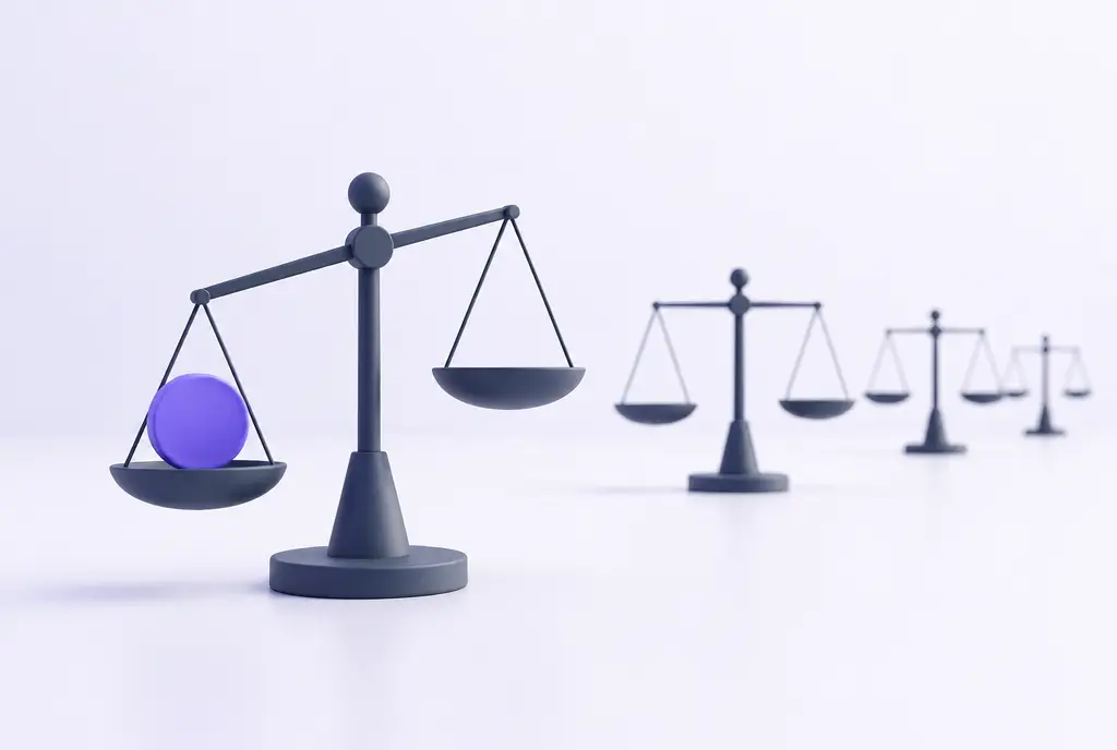 A row of small balance scales, with one in front where a single violet disc tips the balance.