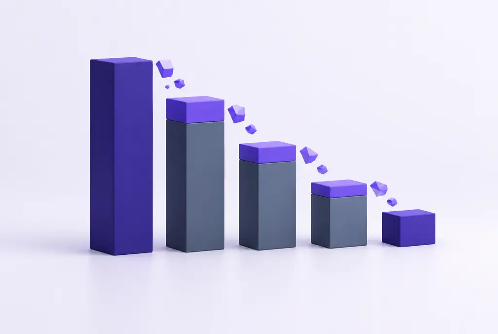 A descending waterfall of stacked bars from a tall indigo bar on the left stepping down to a shorter bar on the right, with small violet fragments drifting away at each step, showing value lost between list price and pocket price.