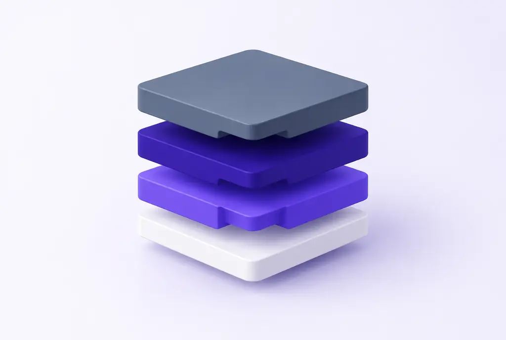 An exploded view of four interlocking layers in slate, indigo, violet and white that stack into one coherent block.