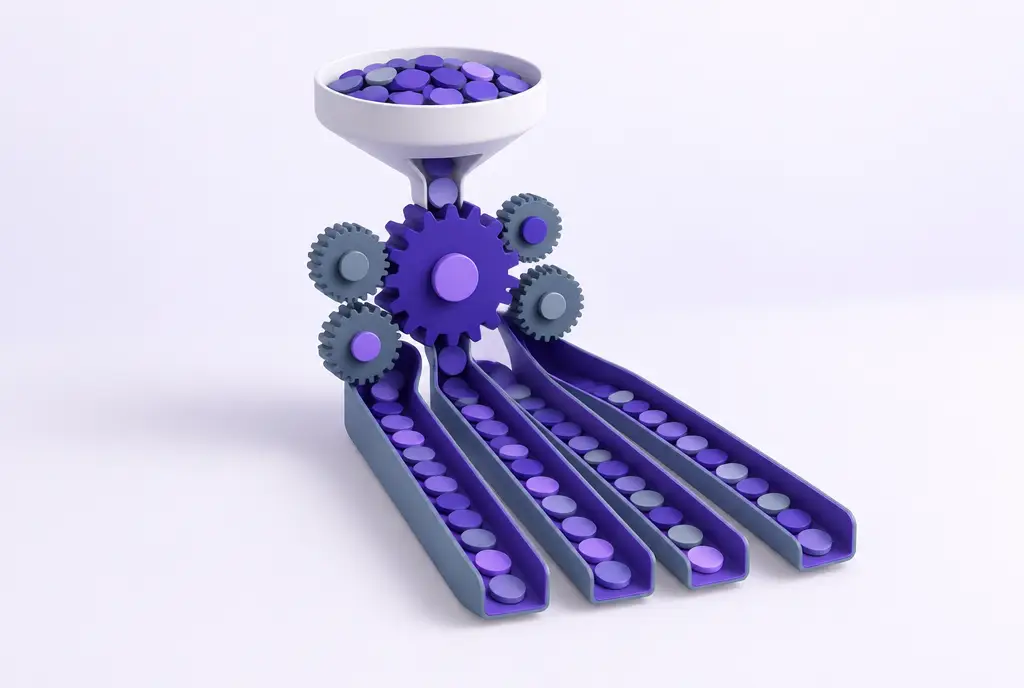 An elegant automated mechanism of gears distributing small discs evenly into several neat channels.