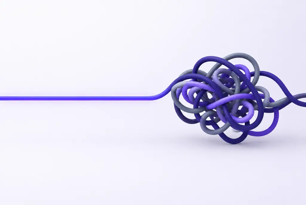 A straight glowing violet line on the left that turns into a tangled knot of grey and indigo wires on the right.
