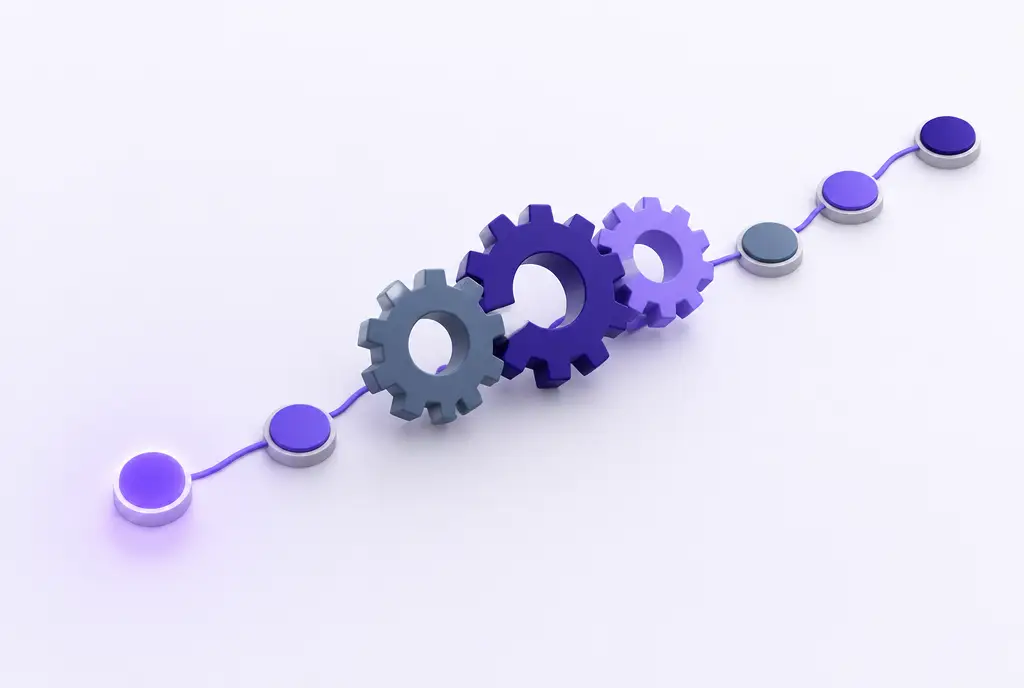Interlocking gears on a path of connected nodes that starts from a glowing violet point, showing strategy guiding the system.