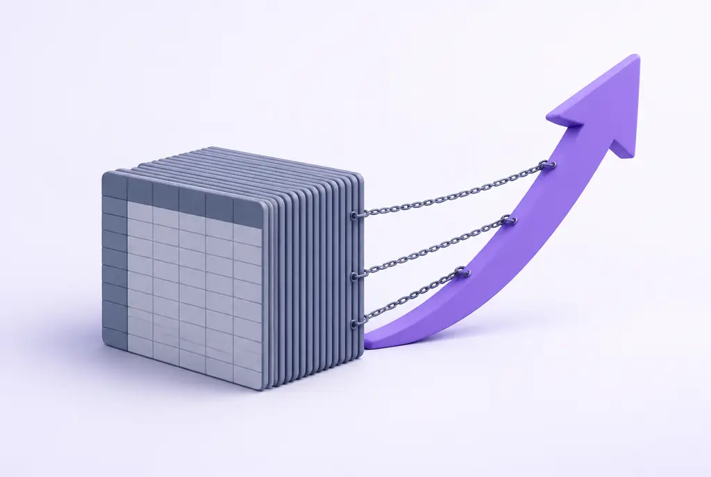A heavy grid of grey spreadsheet-like tiles tethered by thin chains to a light violet arrow straining to rise upward.