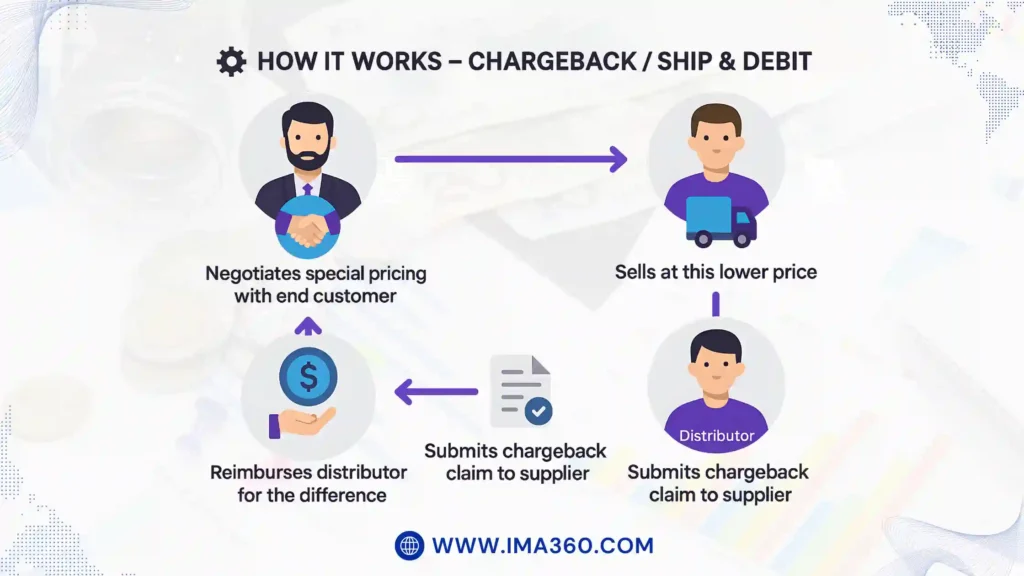 Step-by-step Chargeback and Ship & Debit process: distributor sells at lower price and claims reimbursement from supplier.